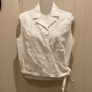 Tsunami White 100% Linen  Wrap Blouse Women’s Size L Sleeveless Collar